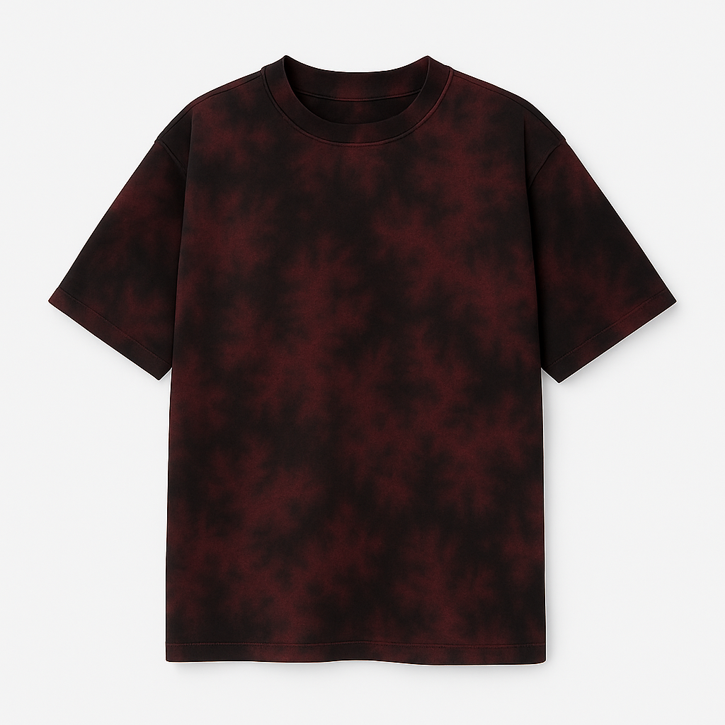Black and red patterned t-shirt on a white background